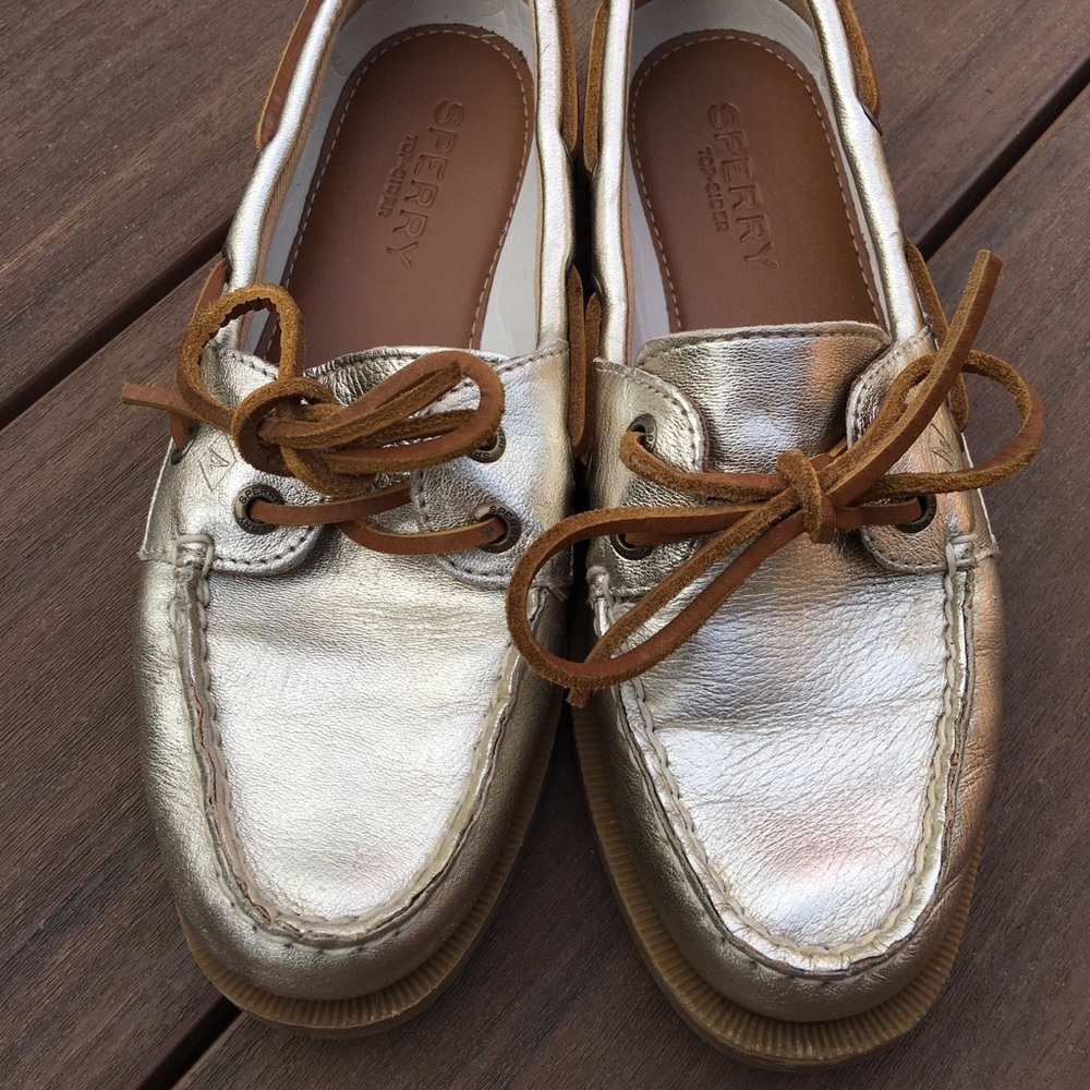 Gold leather Sperry boat shoes